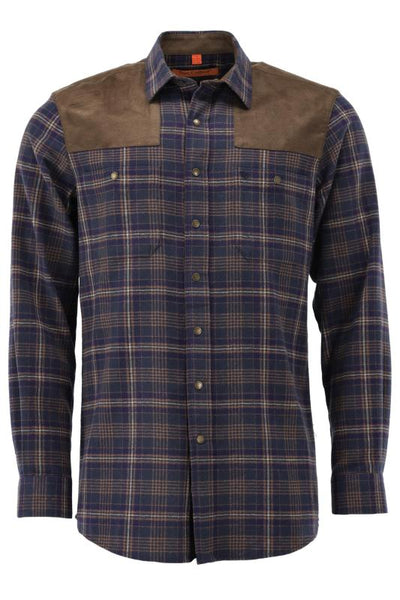 Tom Collins Men's Long-Sleeve Flannel Jagd Shirt — Navy Check with Suede Shoulder