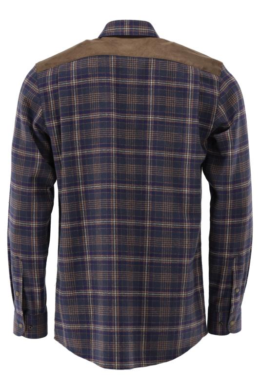 Tom Collins Men's Long-Sleeve Flannel Jagd Shirt — Navy Check with Suede Shoulder