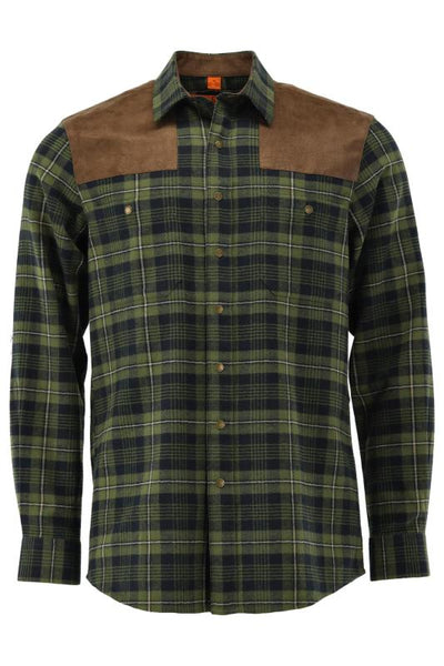 Tom Collins Men's Long-Sleeve Flannel Jagd Shirt — Loden Check with Suede Shoulder