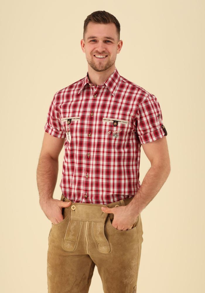 OS Trachten Men's 1/2 Sleeve Regular Fit Shirt "Bruce" red