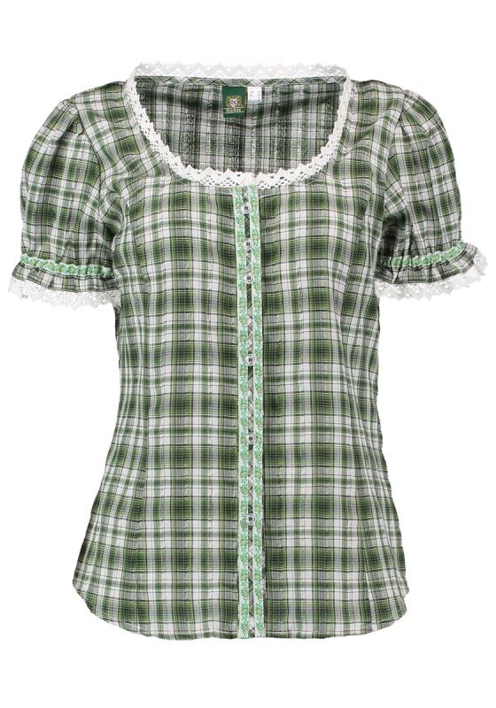 OS Trachten Women's Ruffled Dirndl Blouse — Green Check