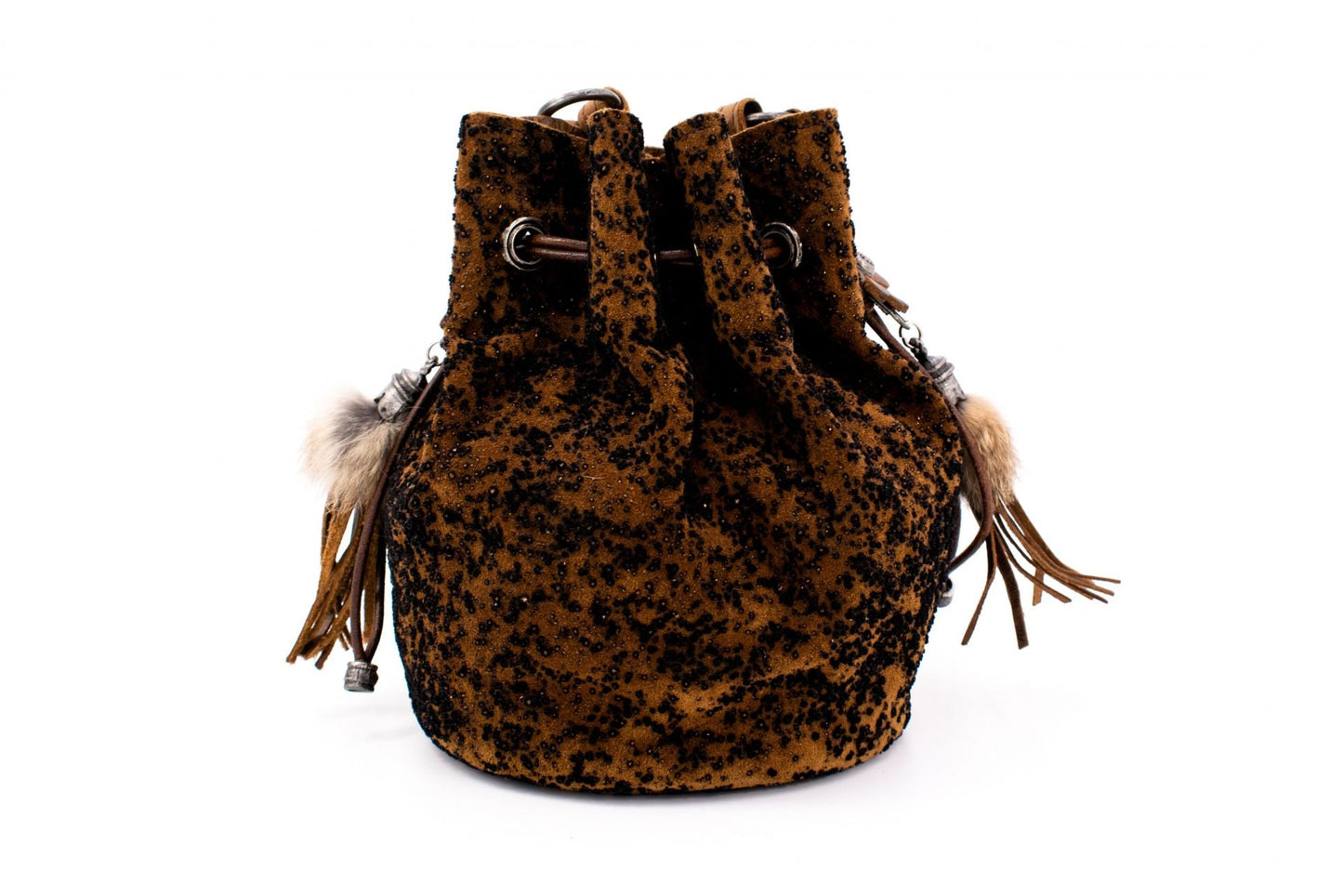 Austrian Suede Pompadour Drawstring Pouch with Floral Element & Fur Tassels