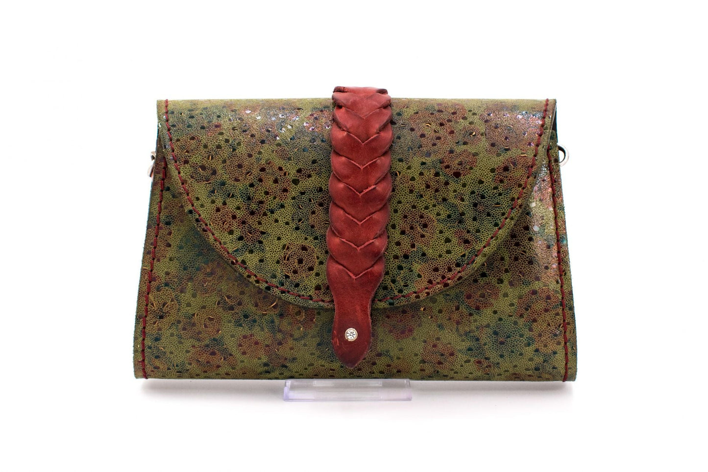 Austrian Red & Green Patterned Tapestry Purse with Braided Leather Accent & Chain Strap