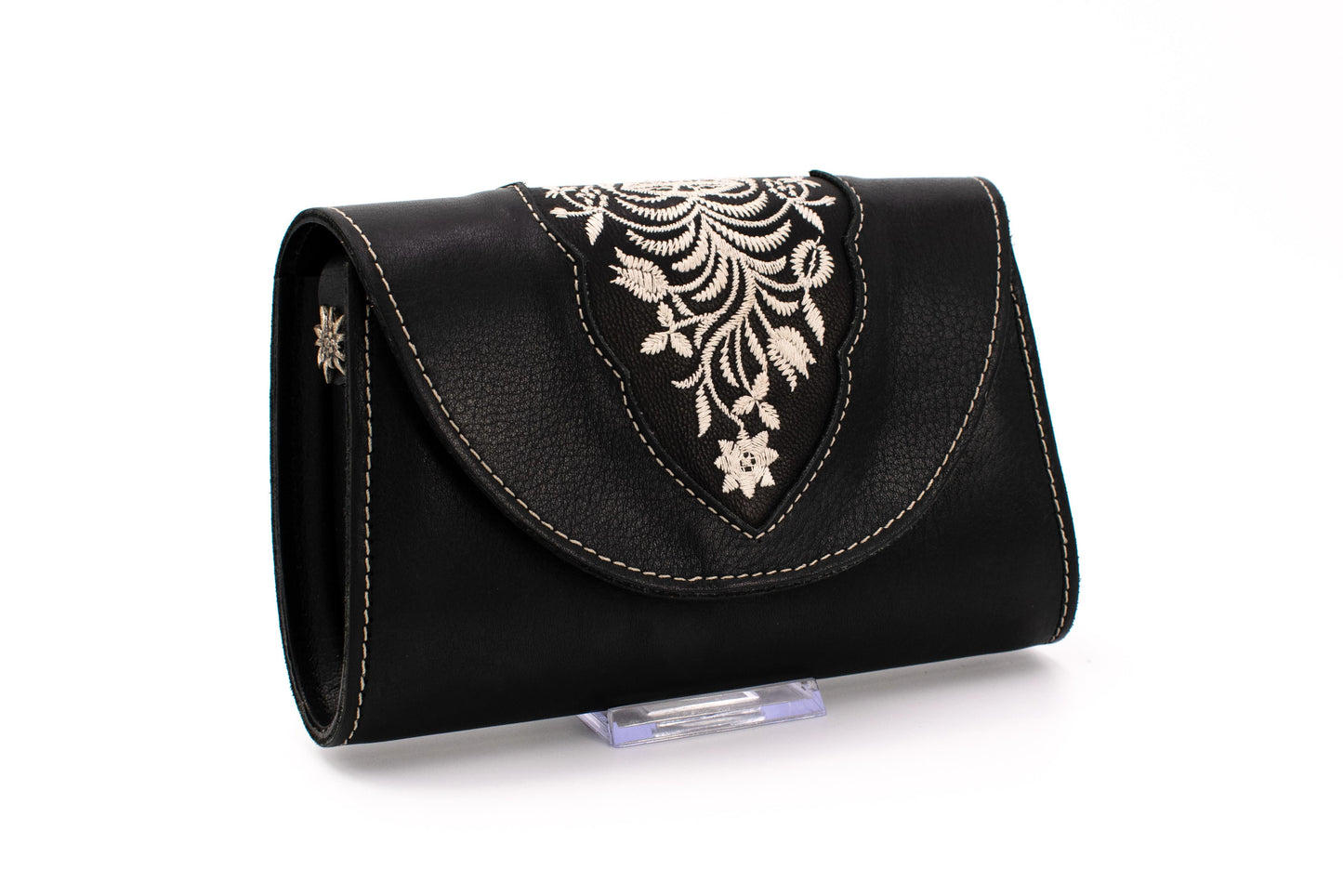 Austrian Structured Black Clutch Purse with Silver Floral Embroidery & Ornate Strap