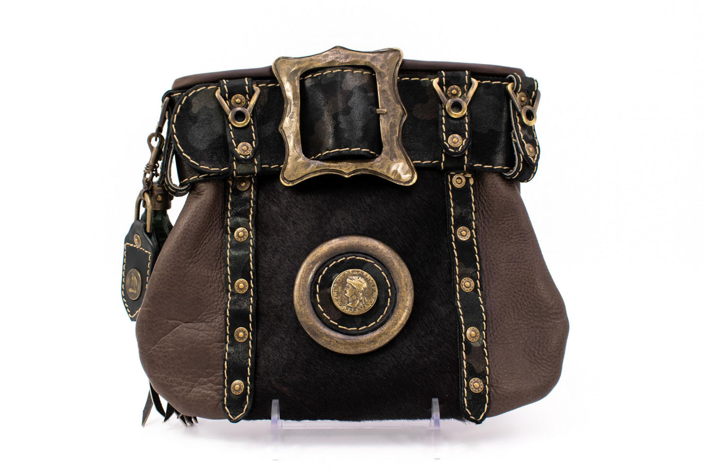 Austrian Leather Kilt Waist Bag with Fur Trim, Lion Appliqué & Coin Element