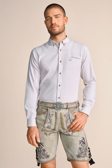 Krueger Traditional Thimon gray long sleeve shirt with Kent collar and ornamental details.
