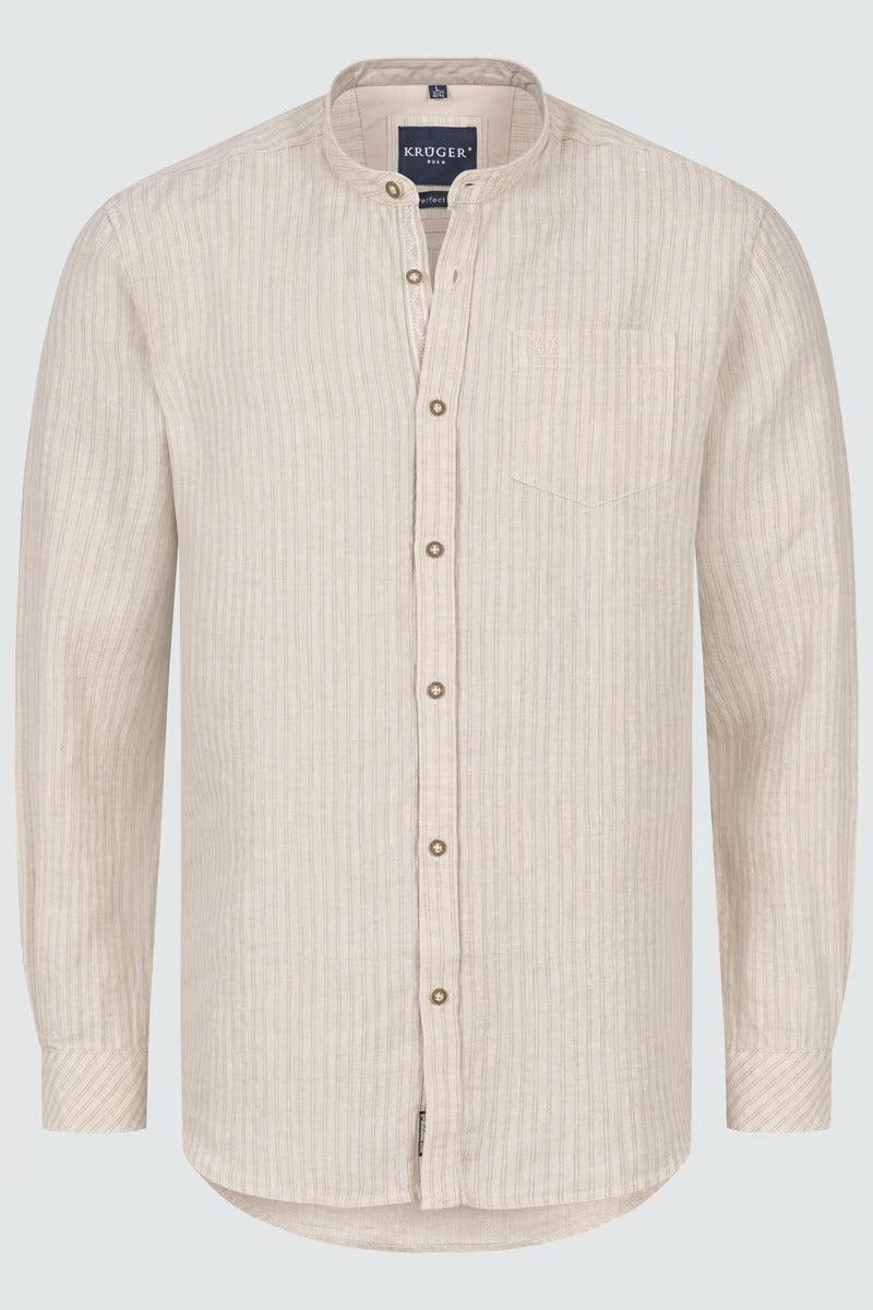 Krueger Traditional Shirt "Corwin" in beige with stand-up collar, round neck, long sleeves, button placket, and chest pocket.