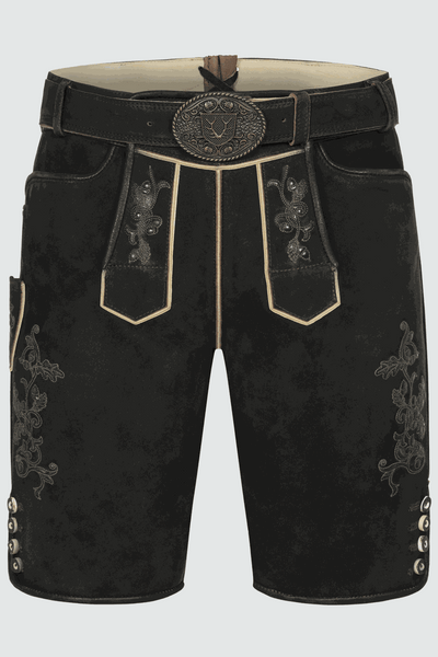 Brown Kruger men's lederhosen with embroidered details and matching belt.