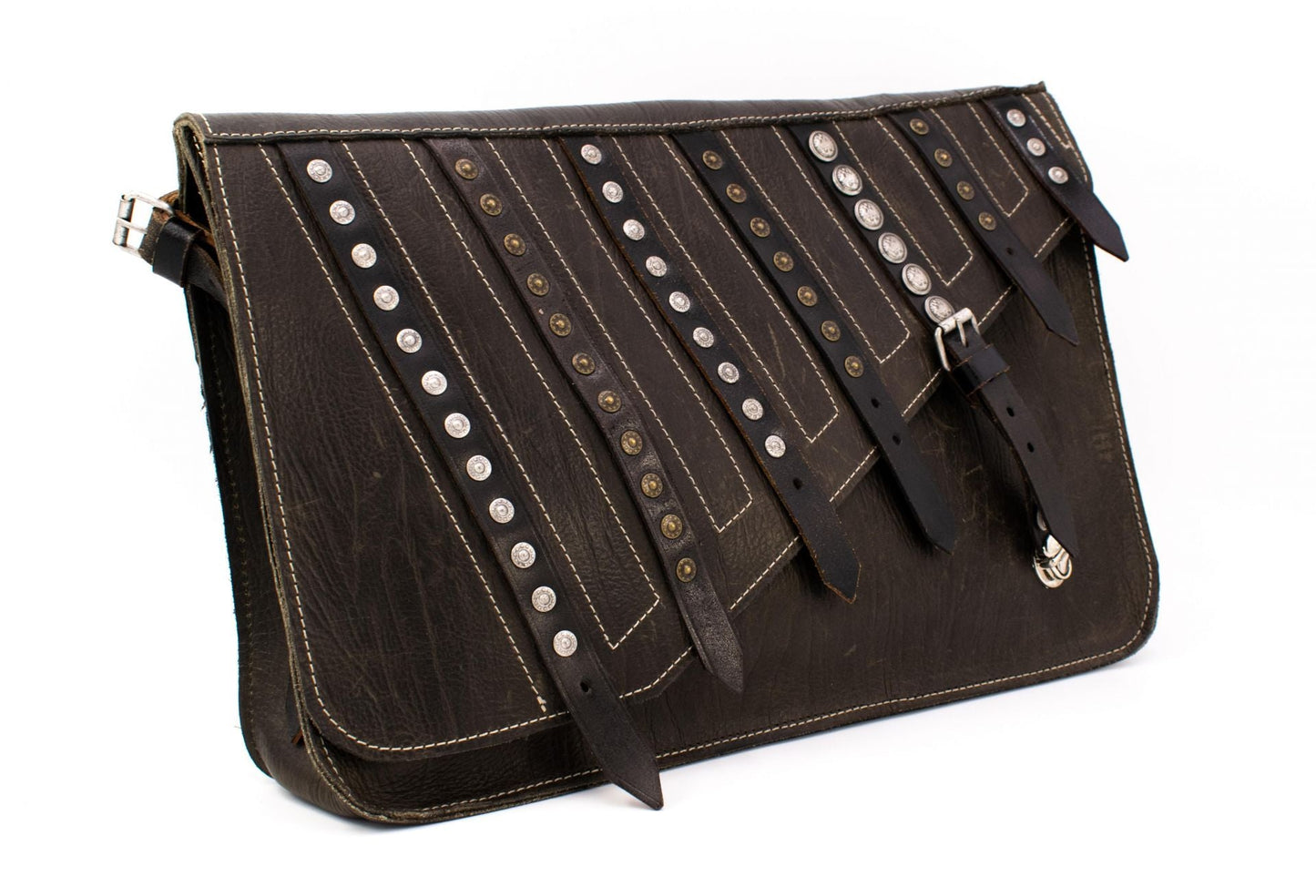 Austrian Brown Leather Briefcase Bag with Antique Downward Straps and Studded Details