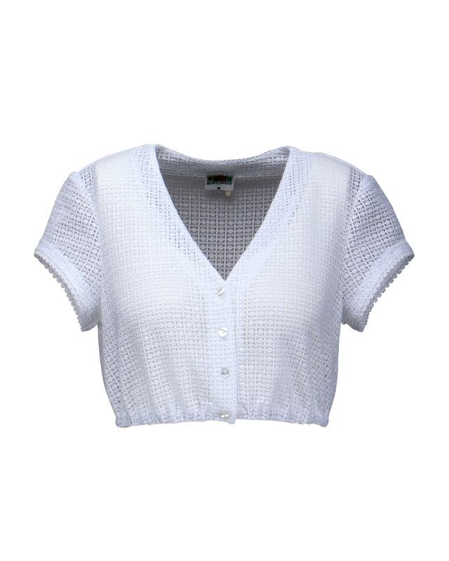 Berwin V-Neck Lace Dirndl Blouse "Maja" in white mesh lace with short sleeves.