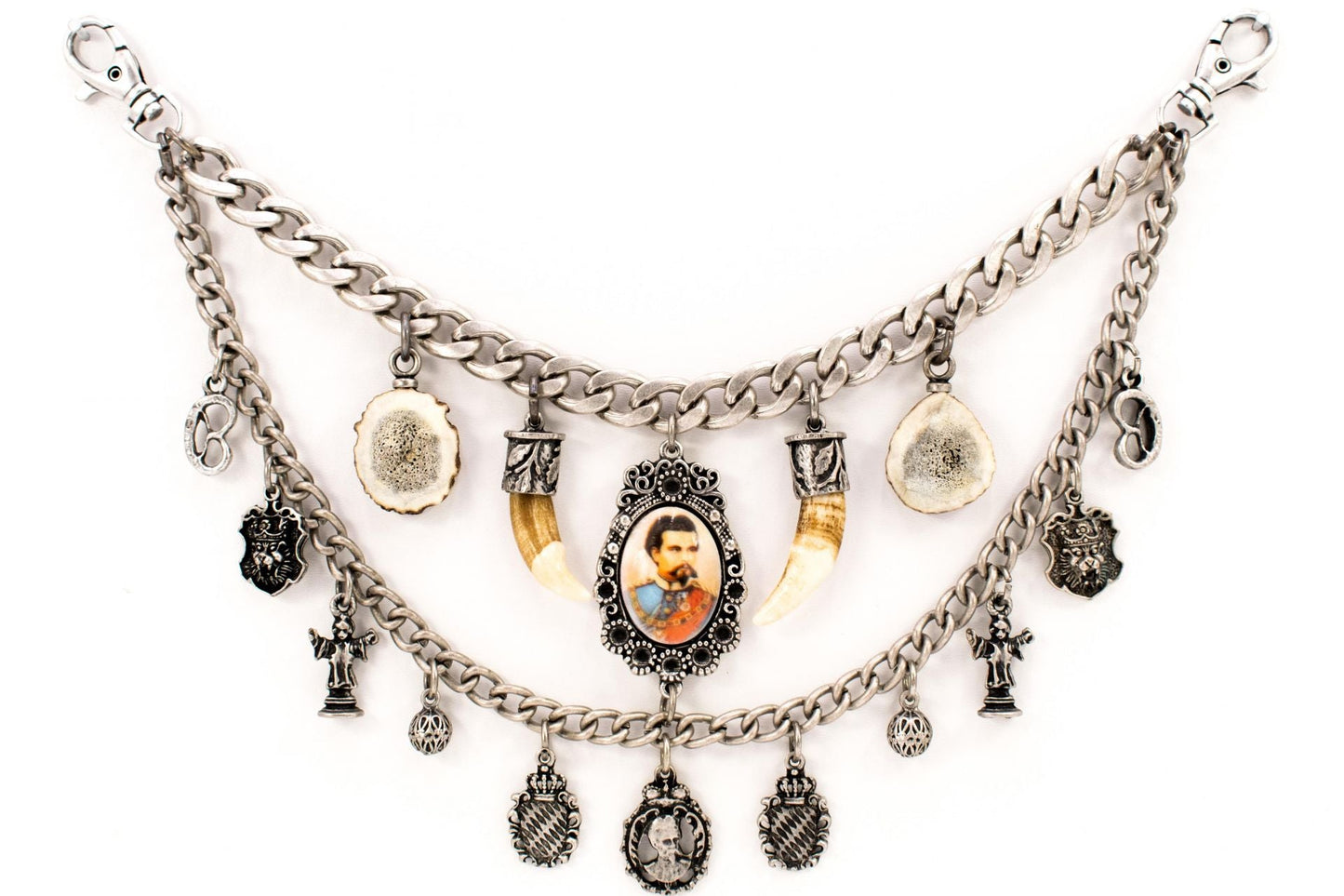 Charivari "Ludwig" with staghorn and double chain in antique silver