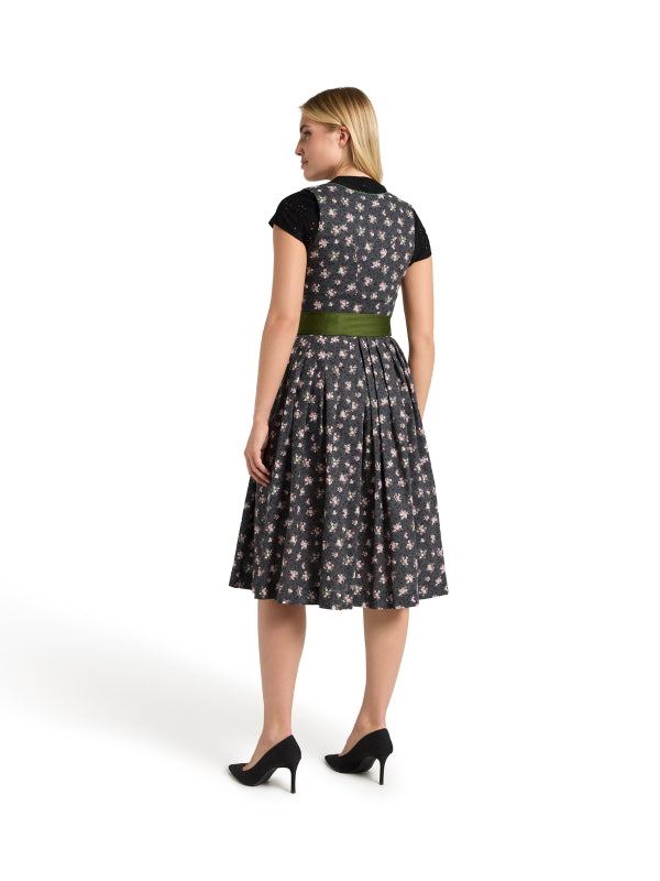 Berwin Long Dirndl Ottilie 70cm anthracite with rose-print cotton fabric and polka dot apron.