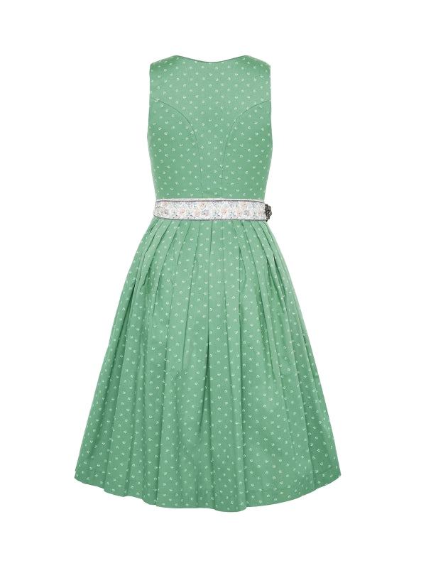 Berwin Long Dirndl "Klara" in green with blue print and cotton satin apron, 70cm length.