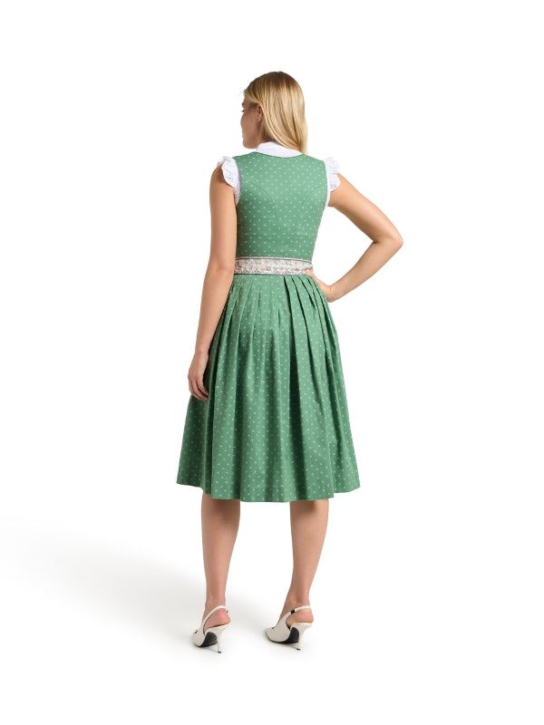 Berwin Long Dirndl "Klara" in green with blue print and cotton satin apron, 70cm length.