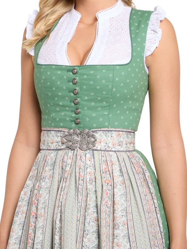 Berwin Long Dirndl "Klara" in green with blue print and cotton satin apron, 70cm length.