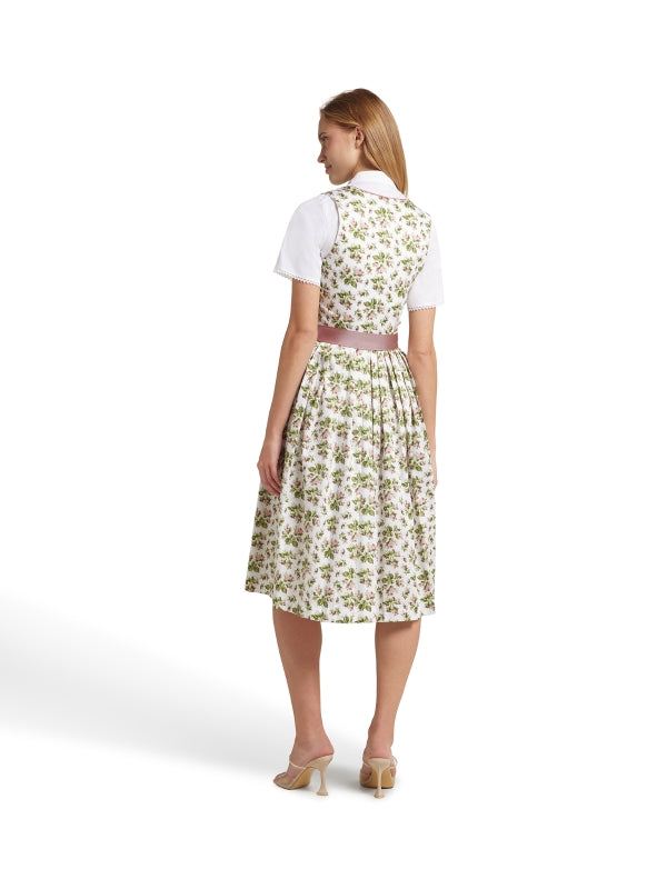 Berwin Long Dirndl "Mina" in pink, featuring high-quality cotton fabric with a floral print, taffeta apron, pleated skirt, and 70 cm length; made in Germany.