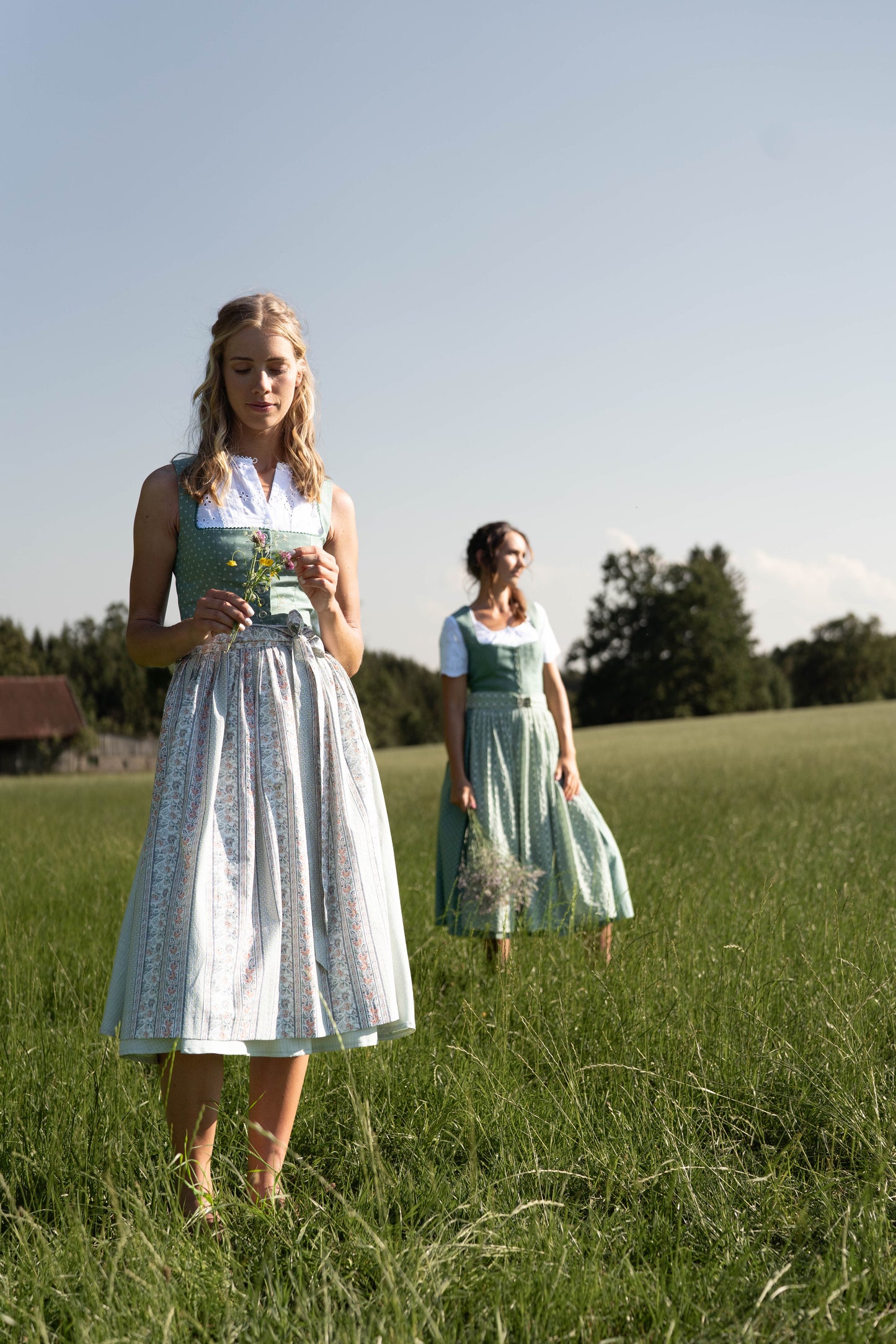 Blue print dirndl with herringbone skirt