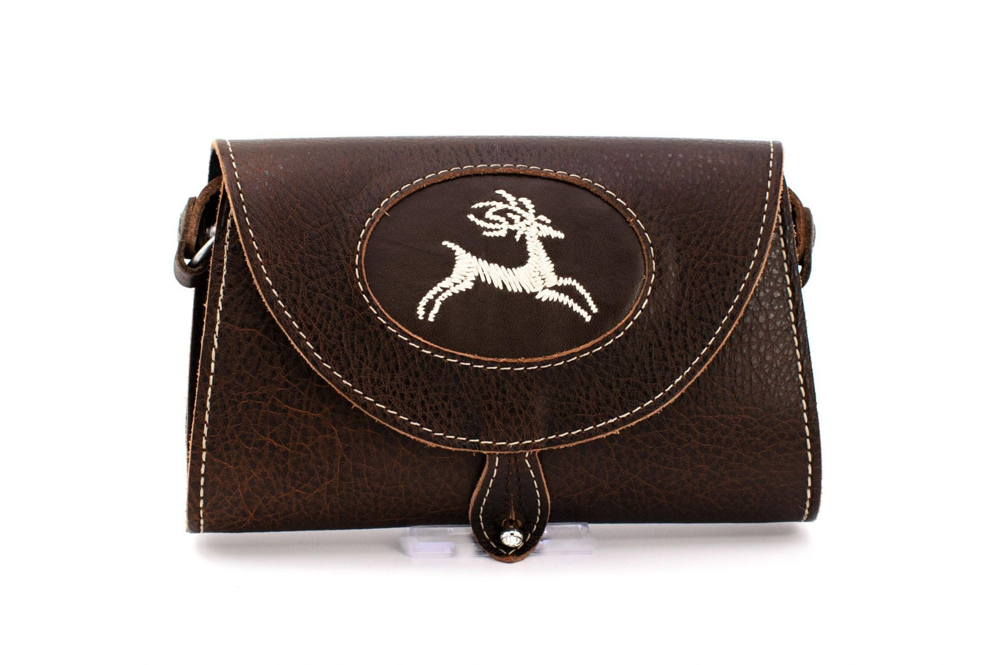 Brown clutch with "deer" embroidery pattern
