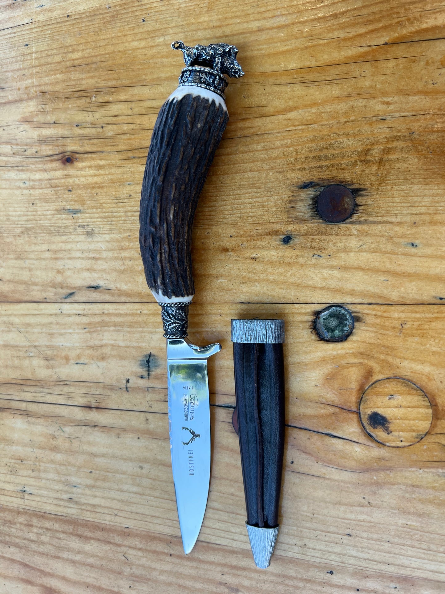Traditional Deer Horn Knife with Boar