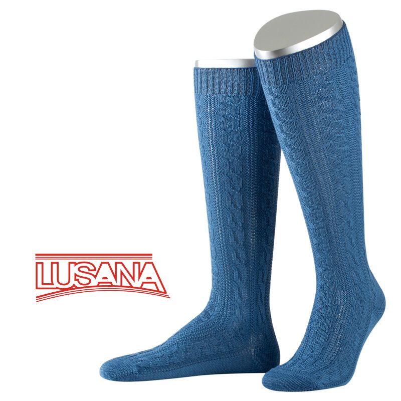 Lusana Men's Knee-High Trachten Socks in Blue — Six-Braid Cable (100% Cotton)