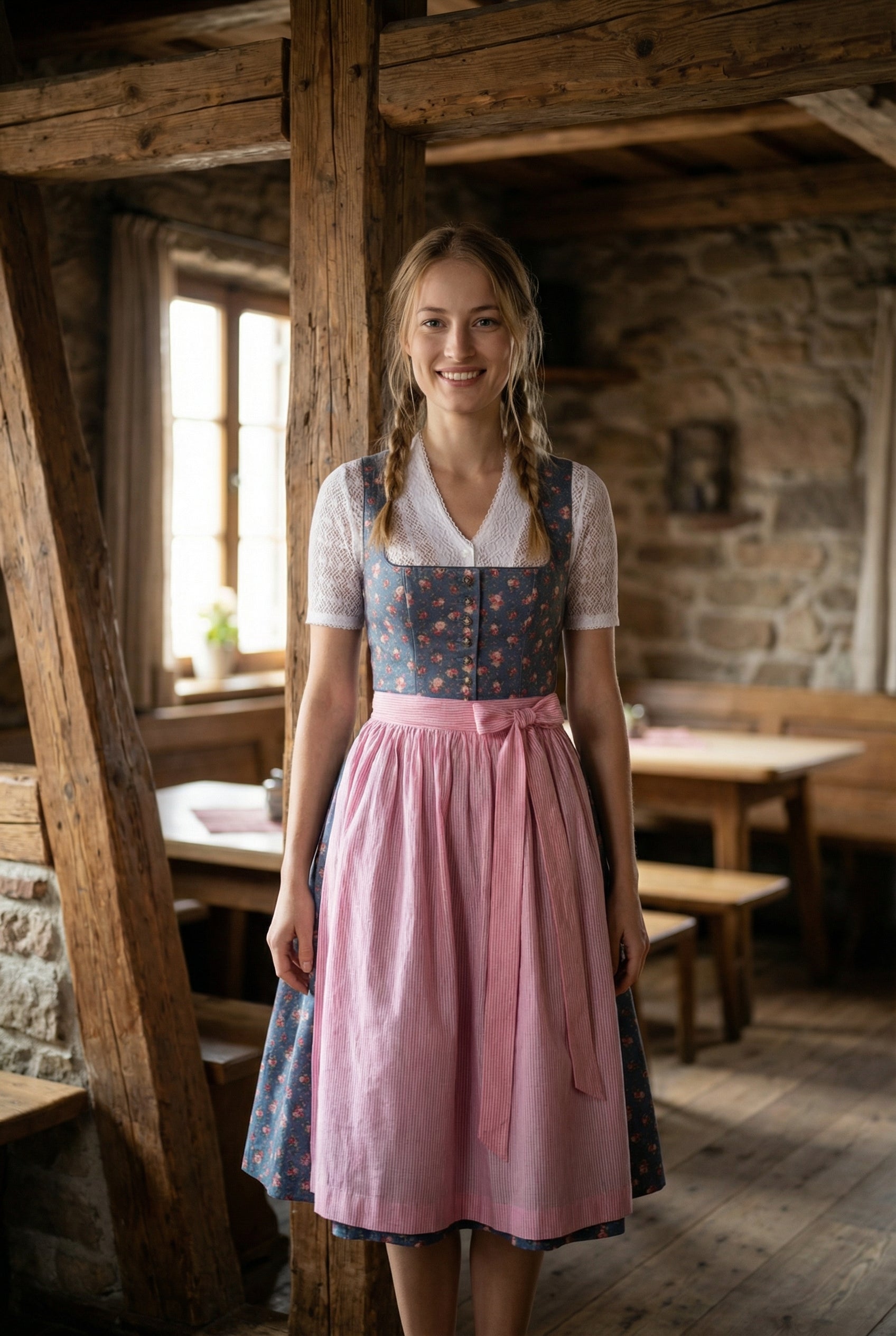 Berwin Long Dirndl 2pcs. 70cm Daisy rose/blue