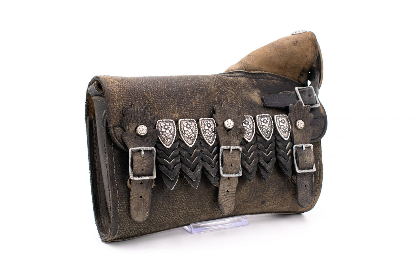 Swiss Army Gaiter Bag in Distressed Brown & Black Leather with Antique Ornate Metal Plates