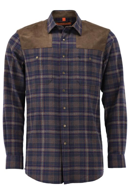 Tom Collins Men's Long-Sleeve Flannel Jagd Shirt — Navy Check with Suede Shoulder