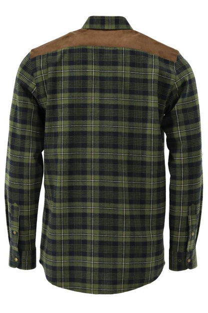 Tom Collins Men's Long-Sleeve Flannel Jagd Shirt — Loden Check with Suede Shoulder