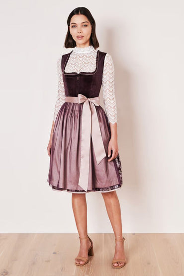 Kruger Midi Dirndl Joelina in berry, velvet bodice, floral skirt, 60cm length, front zip, sweetheart neckline.