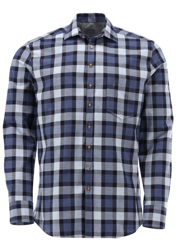 OS Trachten Men's Navy Check Slim Fit Trachten Shirt – Stag Embroidery & Shark Collar