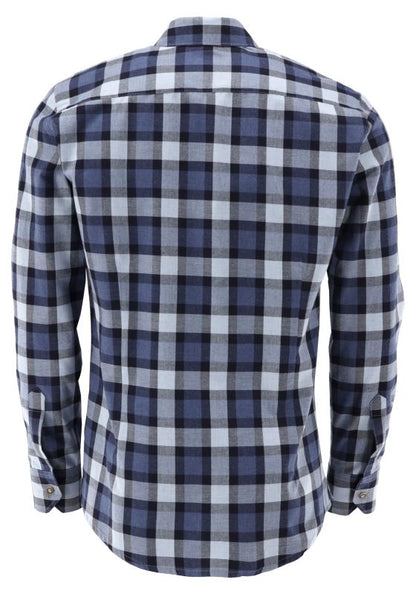 OS Trachten Men's Navy Check Slim Fit Trachten Shirt – Stag Embroidery & Shark Collar