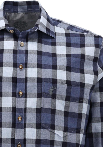 OS Trachten Men's Navy Check Slim Fit Trachten Shirt – Stag Embroidery & Shark Collar