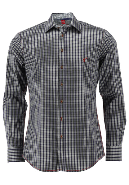 OS Trachten Men's Long Sleeve Slim Fit Shirt "Wald" blue