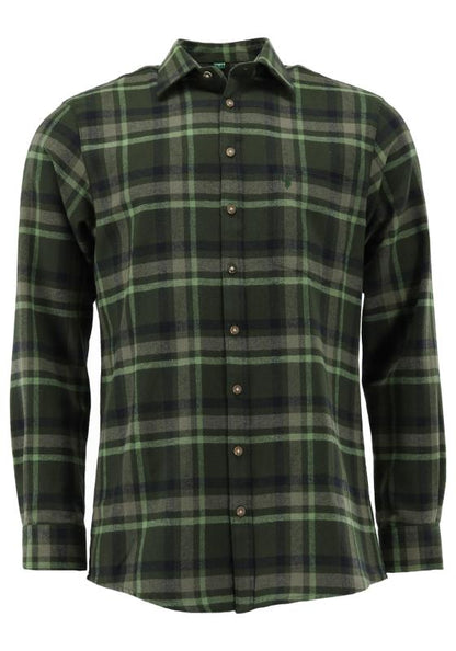 OS Trachten Men's Forest Green Flannel Trachten Shirt – Long Sleeve, Shark Collar & Embroidery
