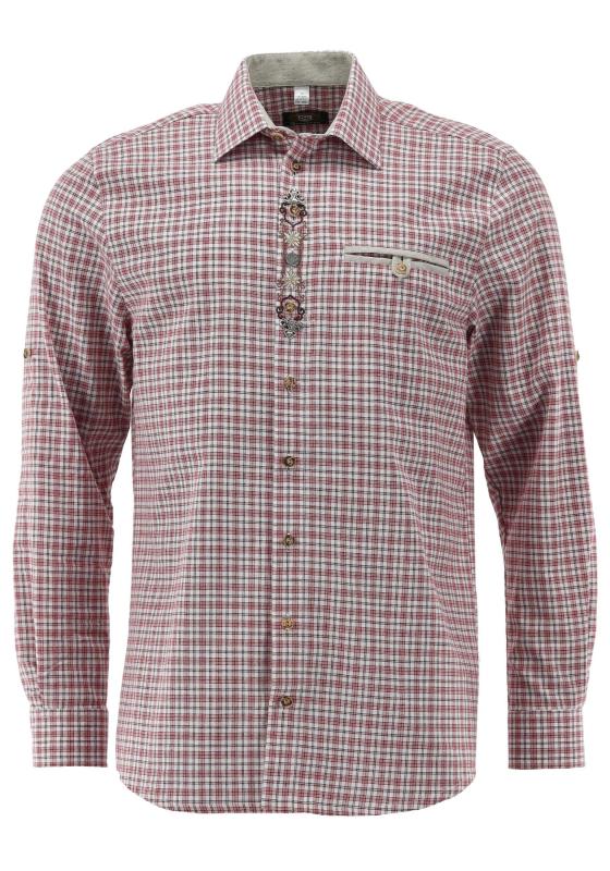 OS Trachten Men's Check Shirt "Jesse" Shark Collar, Red