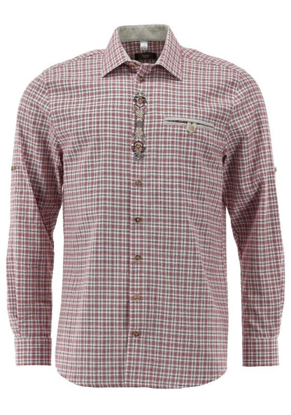 OS Trachten Men's Check Shirt "Jesse" Shark Collar, Red