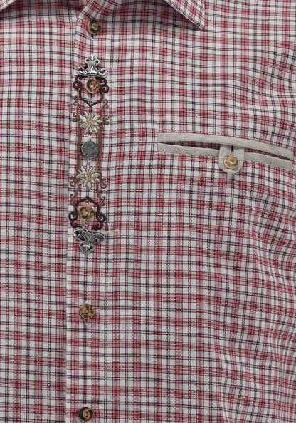 OS Trachten Men's Check Shirt "Jesse" Shark Collar, Red