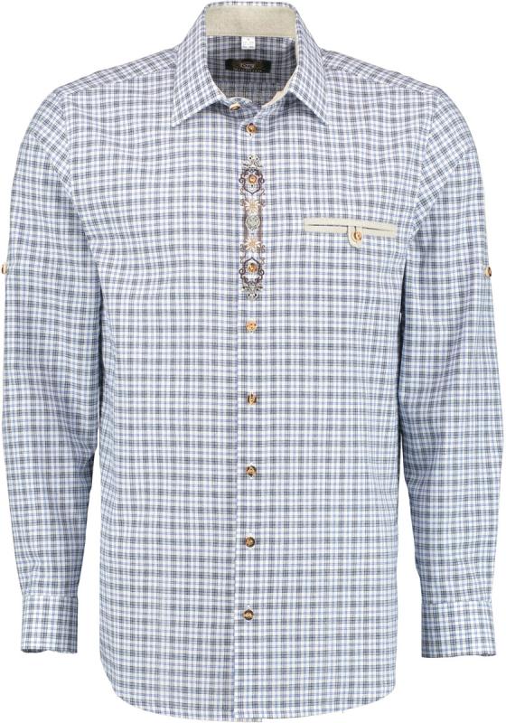 OS Trachten Men's Check Shirt "Jesse" Shark Collar, Blue