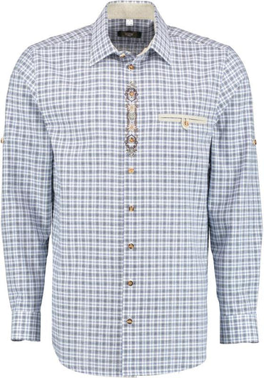 OS Trachten Men's Check Shirt "Jesse" Shark Collar, Blue