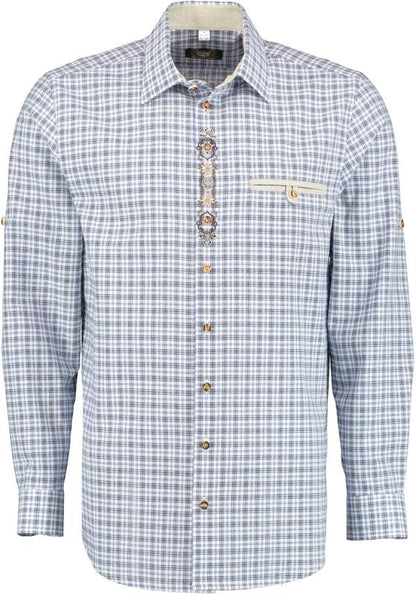 OS Trachten Men's Check Shirt "Jesse" Shark Collar, Blue