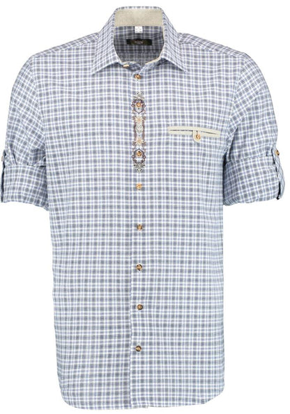 OS Trachten Men's Check Shirt "Jesse" Shark Collar, Blue