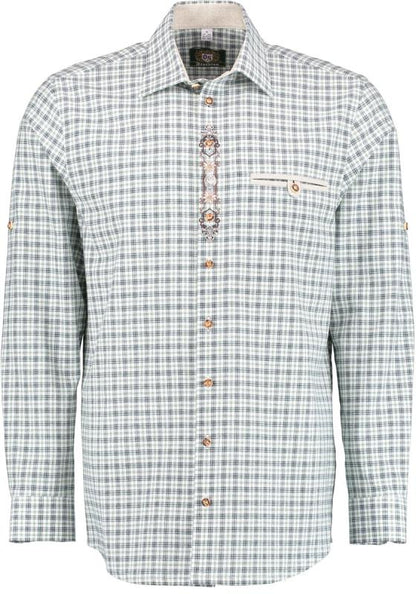 OS Trachten Men's Check Shirt "Jesse" Shark Collar, Forest Green