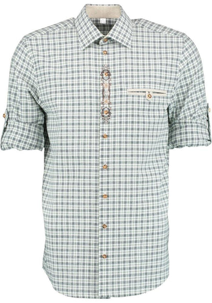 OS Trachten Men's Check Shirt "Jesse" Shark Collar, Forest Green