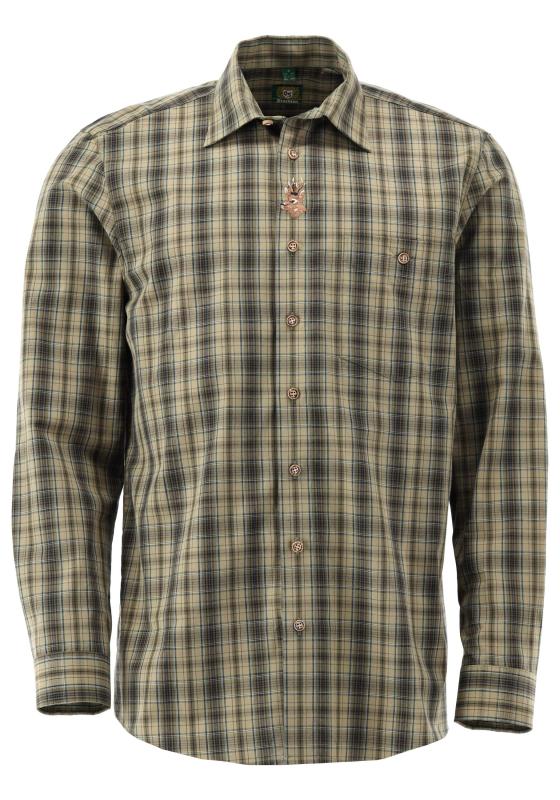 OS Trachten Men's Olive Check Trachten Shirt – Long Sleeve, Shark Collar & Stag Embroidery