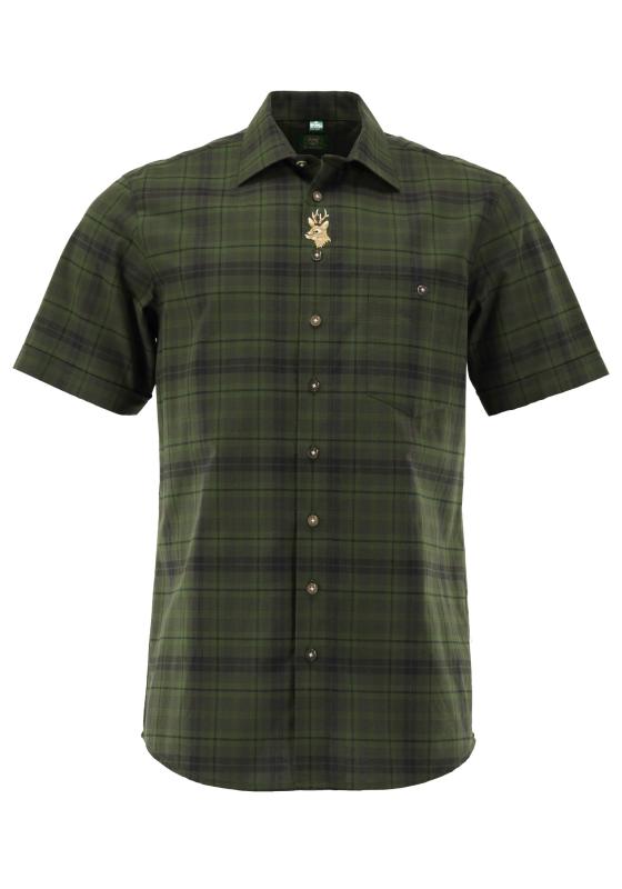 OS Trachten Men's Forest Green Check Trachten Shirt – Short Sleeve, Shark Collar & Stag Embroidery