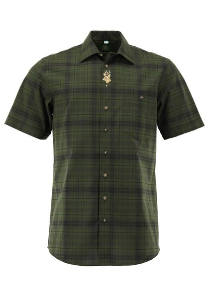 OS Trachten Men's Forest Green Check Trachten Shirt – Short Sleeve, Shark Collar & Stag Embroidery