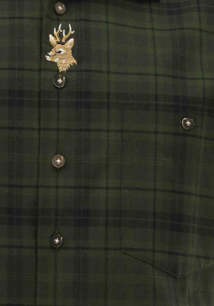 OS Trachten Men's Forest Green Check Trachten Shirt – Short Sleeve, Shark Collar & Stag Embroidery