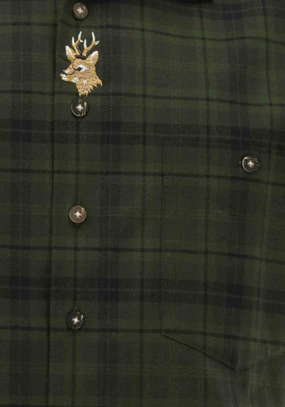 OS Trachten Men's Forest Green Check Trachten Shirt – Short Sleeve, Shark Collar & Stag Embroidery