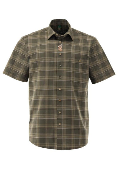OS Trachten Men's Short-Sleeve Jagd Shirt — Loden Check with Stag