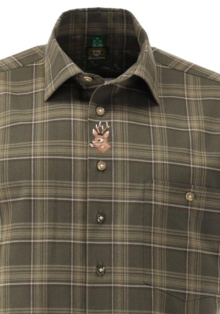 OS Trachten Men's Short-Sleeve Jagd Shirt — Loden Check with Stag